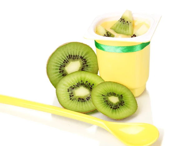 Yogurt with kiwi isolated on white — Stock Photo, Image