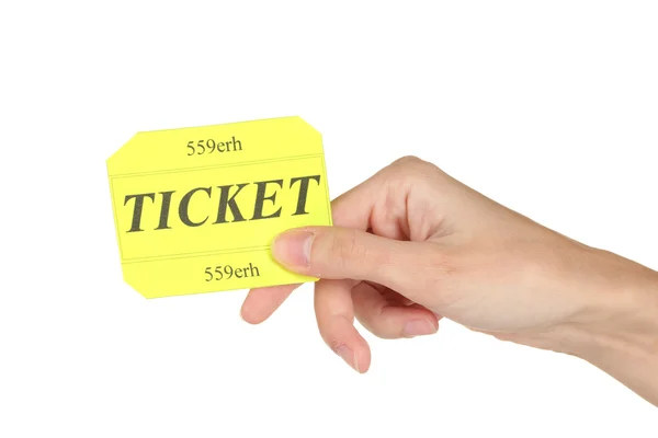 Woman's hand holding a colorful ticket on white background close-up — Stock Photo, Image