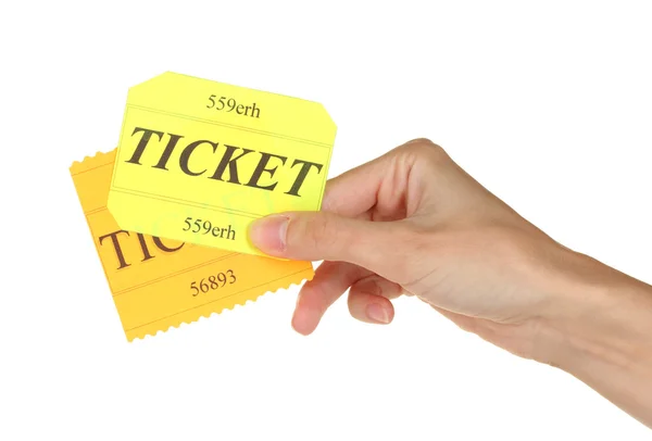 Vrouw hand met een kleurrijke tickets op witte achtergrond close-up — Stockfoto