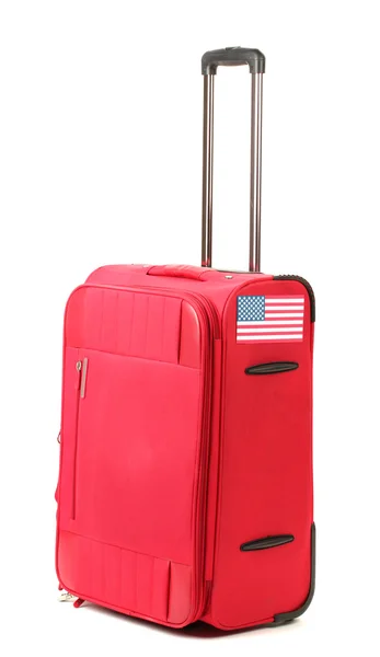 Red suitcase with sticker with flag of USA isolated on white — Stock Photo, Image