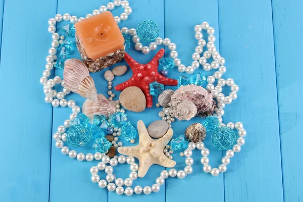 Decor of seashells close-up on blue wooden table — Stock Photo, Image