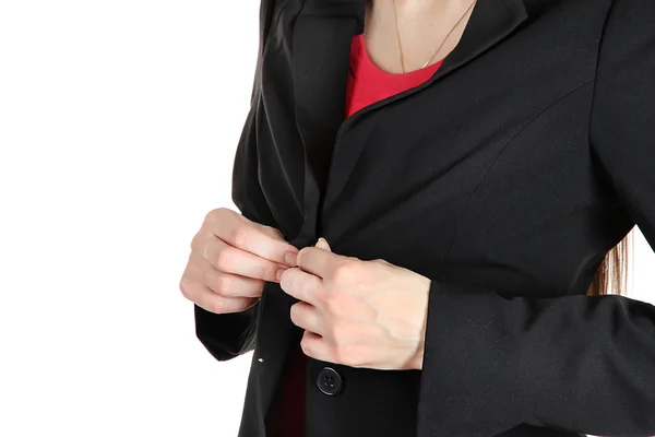 Women fastening black classic jacket — Stock Photo, Image