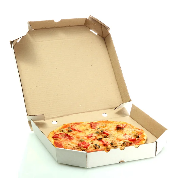 Tasty pizza in box isolated on white — Stock Photo, Image