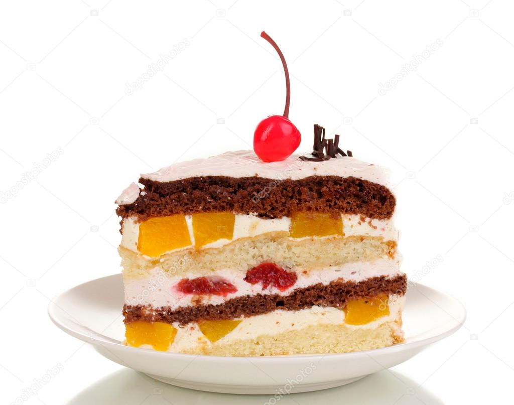 Layered fruit cake isolated on white