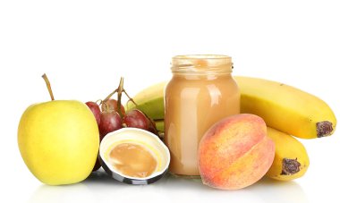 beyaz izole meyve ve meyve bebek maması kavanoz