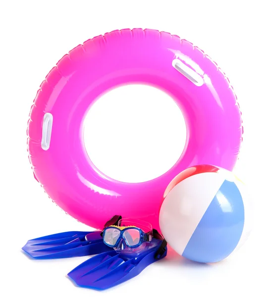 Life ring, inflatable ball, flippers and mask isolated on white — Stock Photo, Image