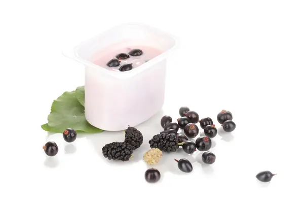 Yogurt con mirtilli isolati su bianco — Foto Stock