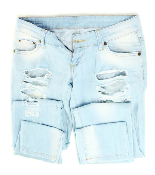 Mode blauwe denim shorts close-up geïsoleerd op wit — Stockfoto