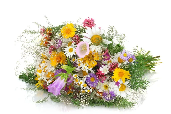 Schöner Strauß heller Wildblumen, isoliert auf weißem Grund — Stockfoto