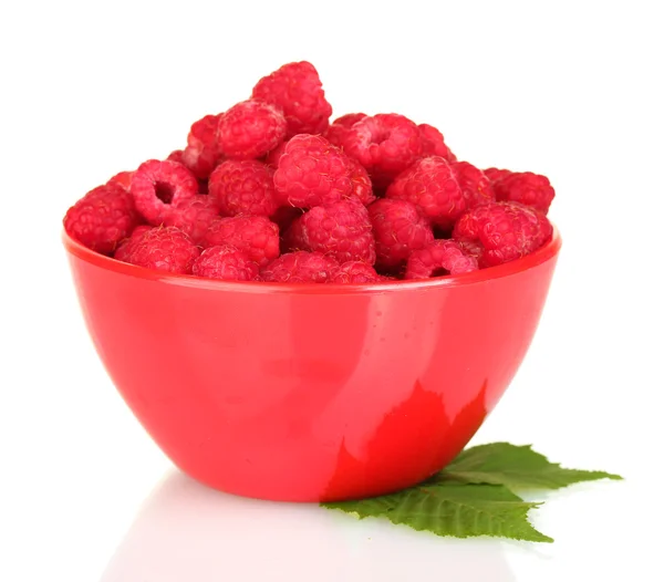 Fresh raspberries in colorful bowl isolated on white — Stock Photo, Image