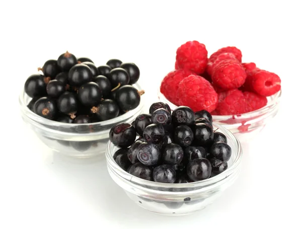 Fresh berries in transparent bowls isolated on white — Stock Photo, Image