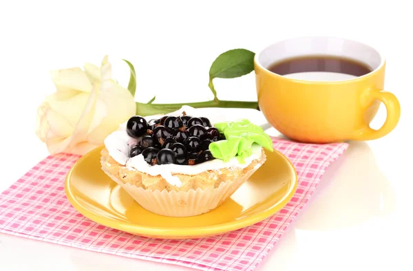 Sweet cake with cup of tea isolated on white — Stock Photo, Image