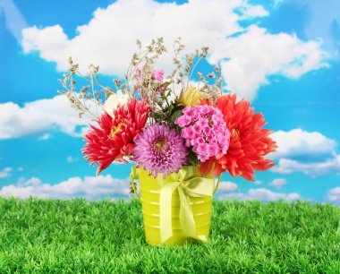 gökyüzü arka plan üzerine çiçekli parlak yeşil kova