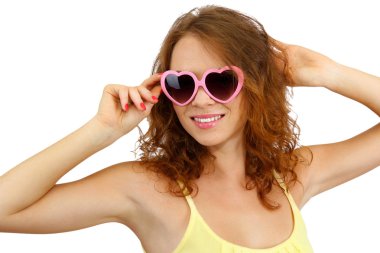 güzel kız beyaz izole gözlük gülümseyen