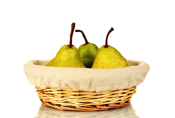 Ripe pears in wicker basket isolated on white — Stock Photo, Image