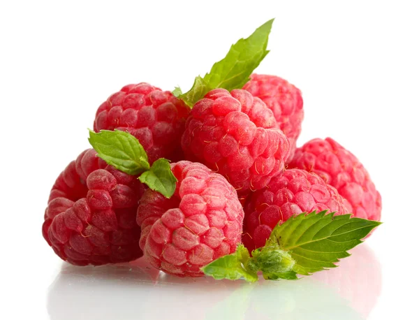 Ripe raspberries with mint isolated on white — Stock Photo, Image