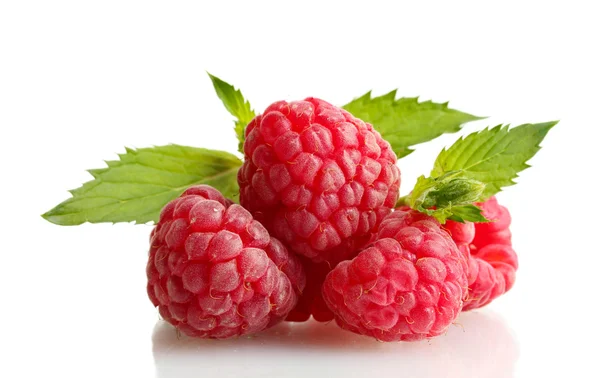 Ripe raspberries with mint isolated on white — Stock Photo, Image