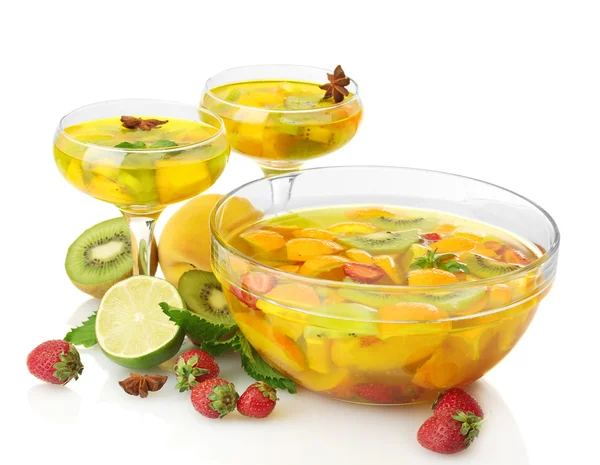 Punch in bowl and glasses with fruits, isolated on white — Stock Photo, Image