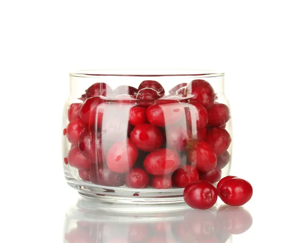 Fresh cornel berries in glass jar isolated on white — Stock Photo, Image