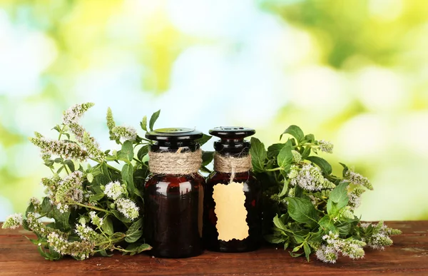 Essential oil and mint on green background close-up — Stock Photo, Image