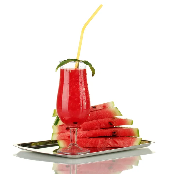 Glass of refreshing watermelon juice on a tray isolated on white — Stock Photo, Image