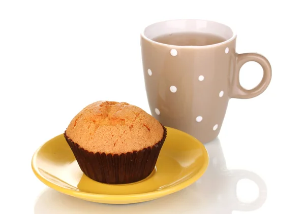 Fresh muffin with tea isolated on white — Stock Photo, Image