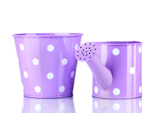 Purple watering can and bucket with white polka-dot isolated on white — Stock Photo, Image