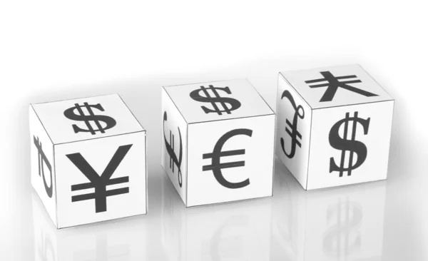 Forex. valuta in de witte dobbelstenen op witte achtergrond — Stockfoto