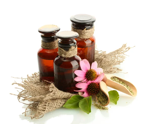 Flaconi di medicinale con echinacea viola, isolati su bianco — Foto Stock
