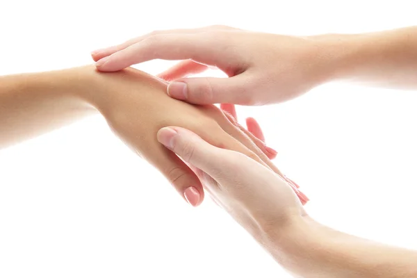 Massagem de mãos, isolada em branco — Fotografia de Stock
