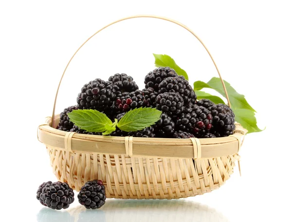 Beautiful blackberries with leaves in basket isolated on white — Stock Photo, Image