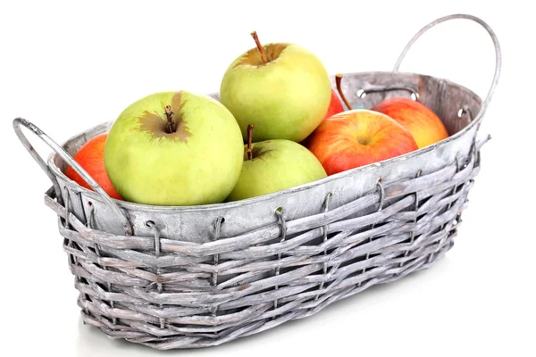 Ripe apples in basket isolated on white — Stock Photo, Image