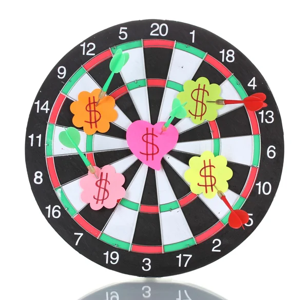 Darts with stickers depicting the life values isolated on white. The darts — Stock Photo, Image