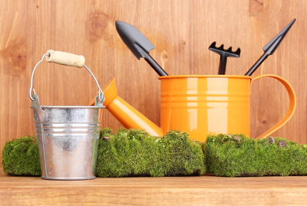 Grønn mose og vanningsboks med hageredskap på trebakgrunn – stockfoto