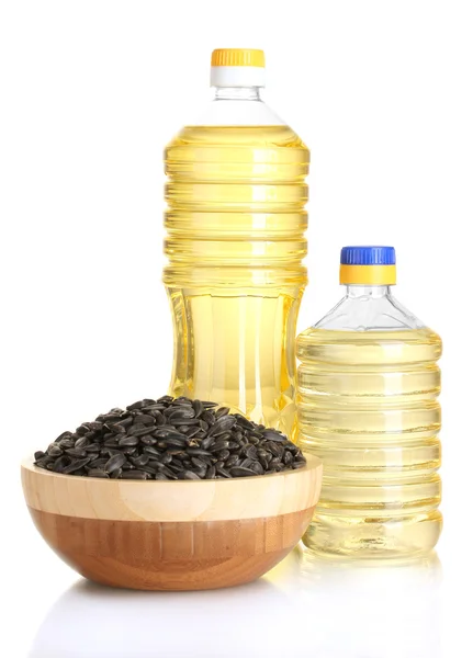 Sunflower oil with sunflower seeds isolated on white background — Stock Photo, Image