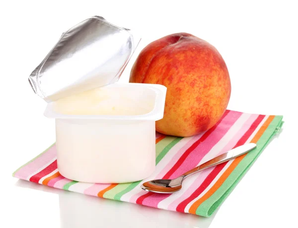 Yogurt with peach isolated on white — Stock Photo, Image