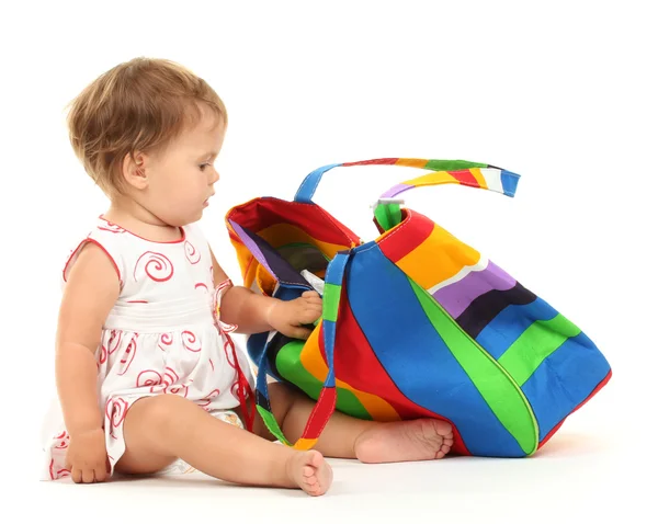 Cute baby with bag isolated on white — Stock Photo, Image