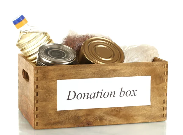 Caja de donaciones con alimentos aislados en blanco —  Fotos de Stock