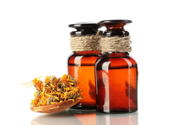 Medicine bottles and dried calendula flower, isolated on white — Stock Photo, Image