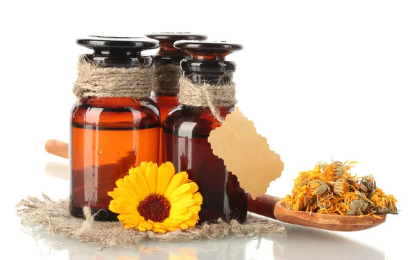 Medicine bottles and calendula, isolated on white — Stock Photo, Image