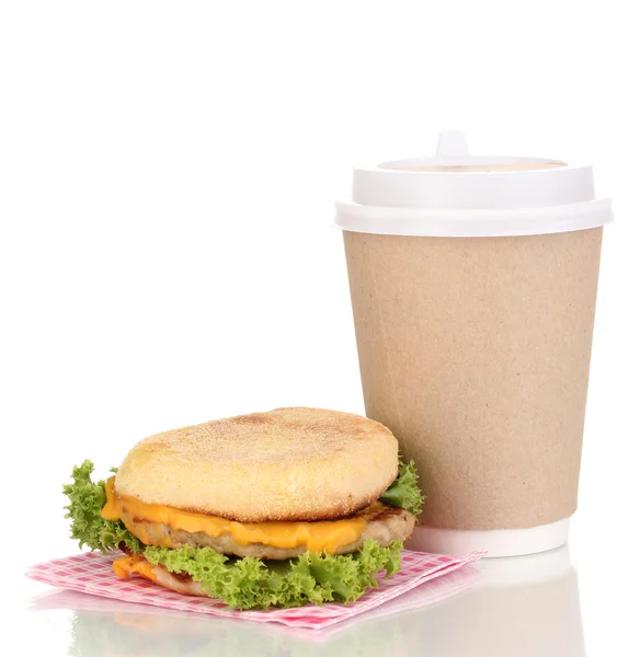 Paper cup of coffee and burger isolated on white — Stock Photo, Image