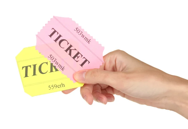 Vrouw hand met een kleurrijke tickets op witte achtergrond close-up — Stockfoto