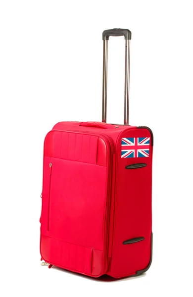 Maleta roja con pegatina con bandera del Reino Unido aislada en blanco — Foto de Stock