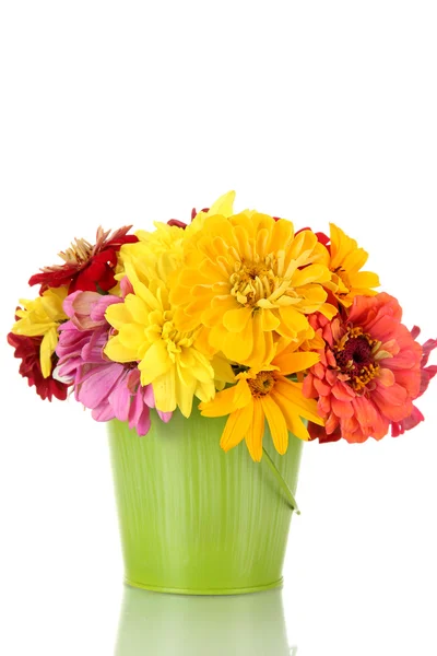 Bouquet of beautiful summer flowers in bucket, isolated on white — Stock Photo, Image