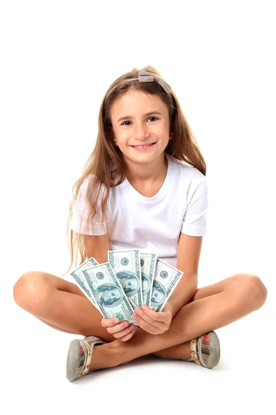 Beautiful little girl with money, isolated on white — Stock Photo, Image