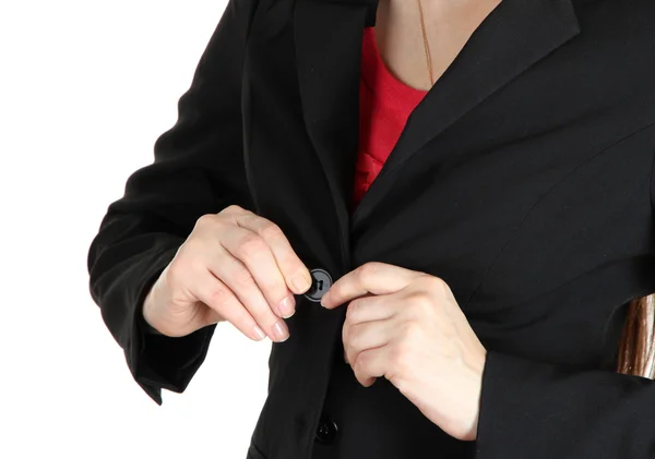 Women fastening black classic jacket — Stock Photo, Image