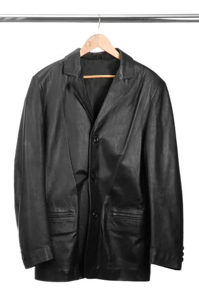 Black leather Jacket on wooden hanger, isolated on white — Stock Photo, Image