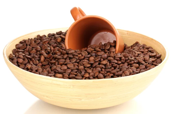 Coffee beans in bamboo bowl with cup isolated on white — Stock Photo, Image