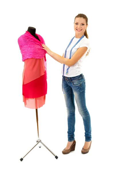 Beautiful young woman and mannequin isolated on white — Zdjęcie stockowe