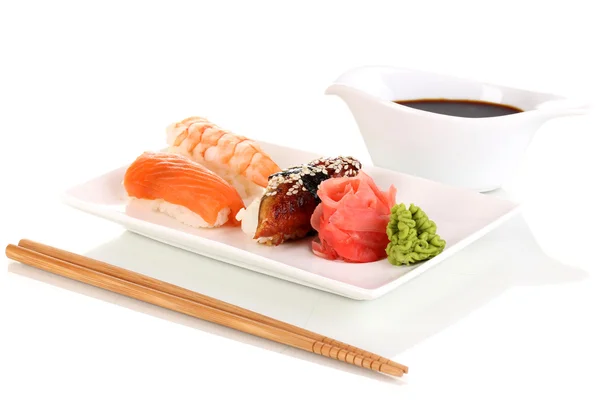 Delicious sushi served on plate isolated on white — Stock Photo, Image